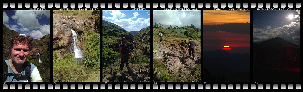 #23: By a smaller waterfall a little further up the Jinbar river. #24: A closer look at the smaller waterfall. #25: Voahangy a little bit above the Jinbar river. #26) The ranger and my wife climbing the last little part of the path up to the Gich camp site. #27: Sunset at the Gich camp site. #28: Moonlight above the kitchen hut at the Gich camp site.