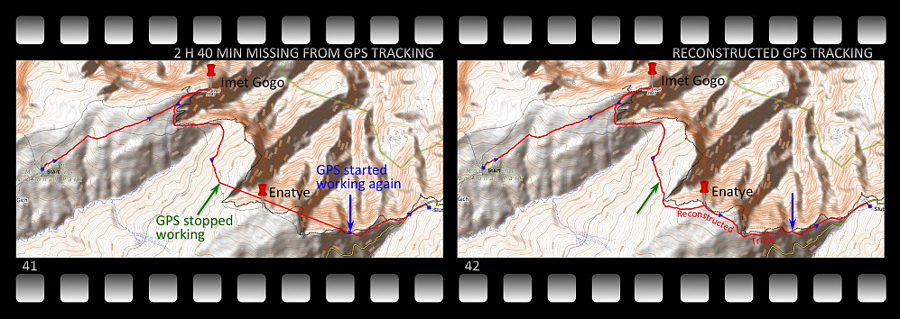 #41: From the green arrow over to the blue arrow the tracking app of my cellphone was without GPS-registering. #42: I have, on basis of maps and sattellite images reconstructed the gpx-file so that the tracking curve is now showing where we were actually trekking. The time that we had used was preserved in the original gpx file, but the real distance might be a bit longer than what is registered, as I only created enough GPS plots to get a somewhat nice-looking curve on the map; meaning that the track might have been strightened out a bit when compared to how it would have been if the app had been properly while we were trekking this trail.