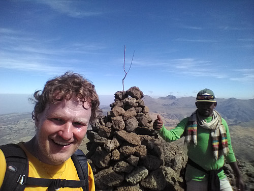 Image 1: Myself along with our Guide Tadlo on top of Mount Bwahit (4430 m.a.m.s.l.). The trek from Chenneck Camp is 4.9 km with a climb of 800 meters. It was done in 1 h 33 minutes.