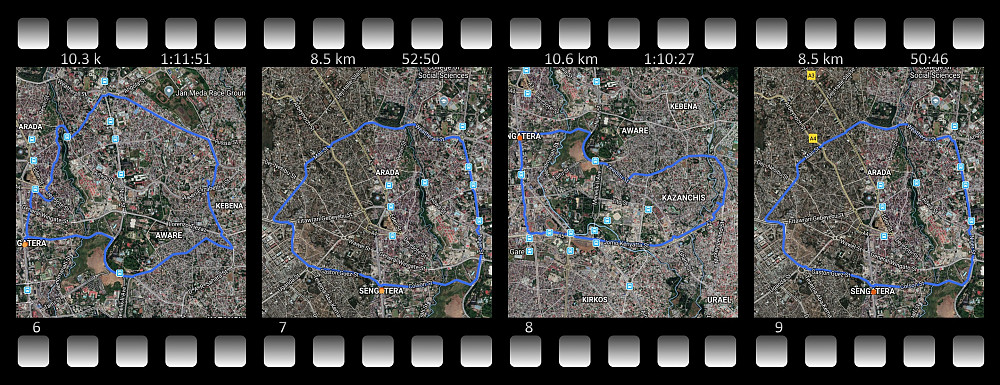 Running in Addis Ababa in preparation for the Simien Mountains. Notice how my performance improved between the first and last satellite images, from 55 min 15 sek to 50 min 46 sek on the same 8.5 km just 14 days later. ©Map data Endomondo/Google Maps. 