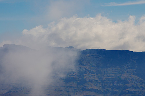 Image 13: Ras Dashen (4533 m.a.m.s.l.), Ethiopias highest mountain, as seen from Ras Bwahit, the third highetst. The summit of Ras Dashen is barely visible in the clouds.