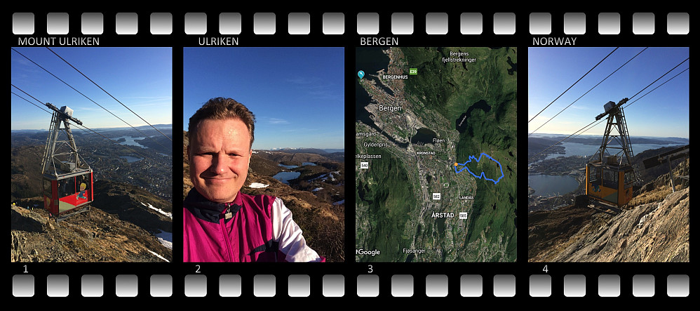 Trekking on Mount Ulriken in the afternoon. The view over the city of Bergen is picturesque, and the cable cars are looking nice on photos. Nevertheless, hiking is more satisfying than taking the cable car. Image 1: View towards the bay called "Nordåsvatnet". Image 2: View towards a number of small ponds on the mountain plateau. Image 3: My Endomondo GPS tracking. Image 4: View towards the city center of Bergen.