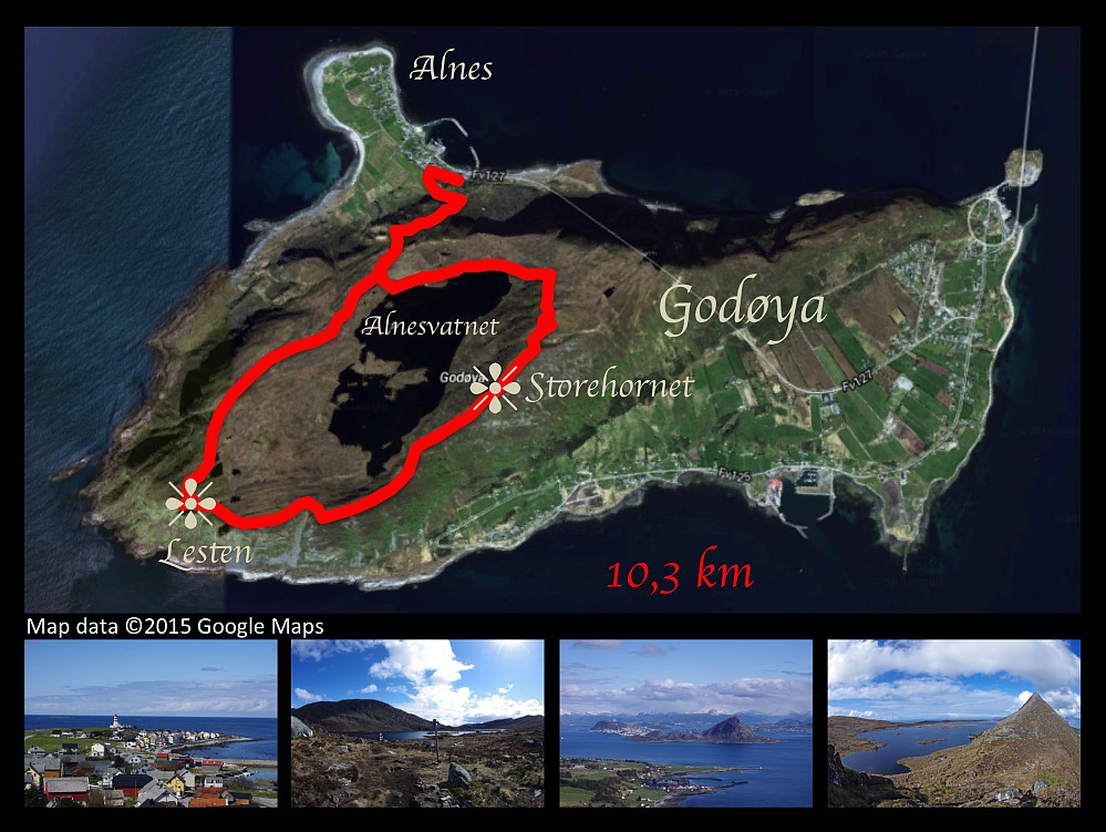 Trekking the mountains of Godøy Island in Giske municipality in Norway. The large image is my Endomondo tracking superimposed upon a Google Earth image of the island. On the left thumbnail image is seen the promontory of Alnes with its picturesque and well-known lighthouse. On the 2nd and 4th thumbnail is seen the lake Alnesvatnet, which is located on a plateau about 250 m.a.m.s.l., and serves as the main drinking water reservoir for the Giske municipality, which is constituted of the four islands Vigra, Valderøy, Giske and Godøy. The 3rd thumbnail shows the view towards the town of Ålesund.