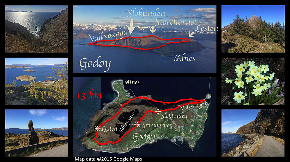 Some of the scenery from this trip on the island of Godøy. The upper central image I captured on a flight from Ålesund to Bergen at about the same time, whereas the lower central image is a Google Earth image with my Endomondo tracking superimposed upon the image.