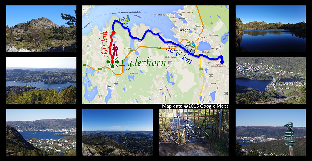 Images from this evening hike to Lyderhorn. The blue line on the map shows the bicycle track from my Bergen apartment to where I left the bike and started hiking. The red line is the hiking up to the summit of the mountain. The kilometres given is the distance back and forth.