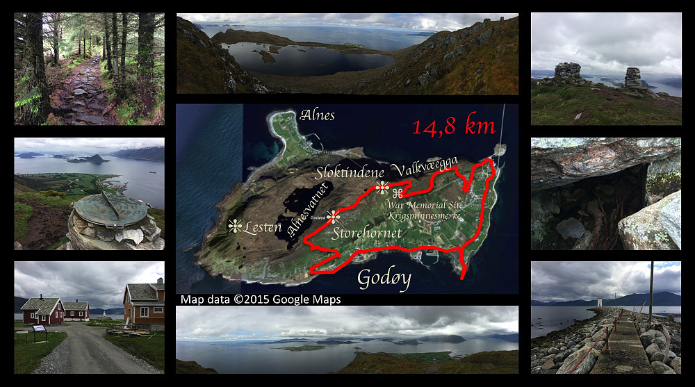 Various images from the trip around the eastern aspect of Godøy Island. The middle image shows a little cave in which a local war hero was hiding from the Gestapo shortly before the end of WW2 in the days of April 1945. The lower right image shows the Hogstein lighthouse on the south-east of the Island, and the lower left image shows the houses in which the lighthouse keeper used to stay prior to automatization of the lighthouse.