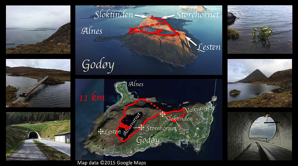 Another hike exploring the Godøy Island. The thumbnail images are from the trip. The middle upper image I captured while on a flight from Ålesund to Bergen a few days earlier. The middle bottom image is a Google Earth image with my Endomondo Tracking imposed upon it.