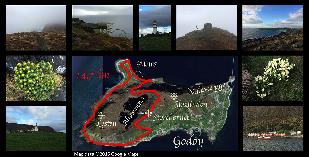 Trekking from the promontory Alnes via the plateau with the lake Alnesvatnet (254 m.a.m.s.l.) up to the summit Storhornet (257 m.a.m.s.l.), next down to a place called Djuv (which is not even a village, just two or three farms), and finally around the western aspect of the island, which is rather stony, has no real track or path that you might follow; and is quite challenging to walk.