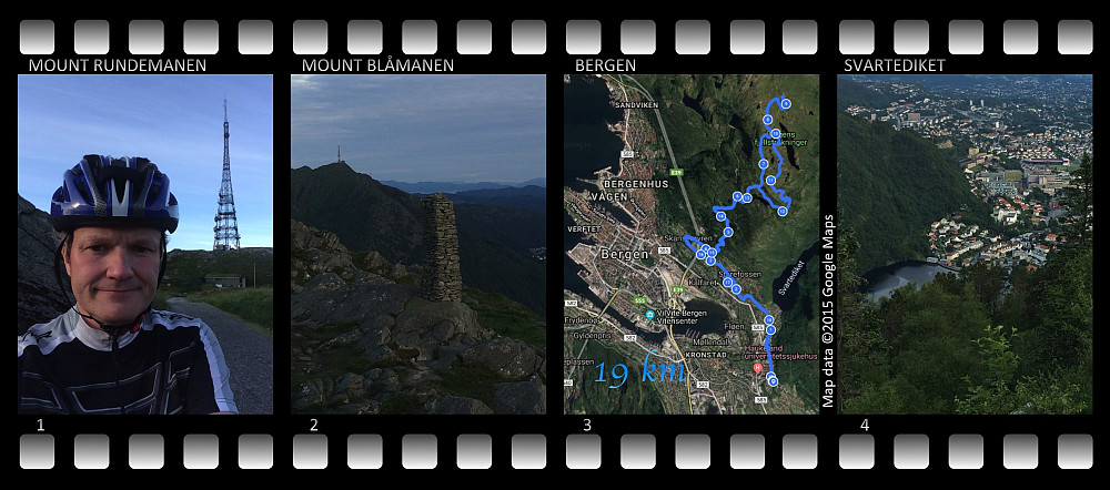 Image 1: On the peak of Mount Rundemanen. Image 2: View from the "vestern peak" of Mount Blåmanen which has 4 peaks, non of them with PF above 100 m; but nevertheless offers a beautiful view of the city of Bergen. Image 3: My Endomondo tracking from this bycycle ride [note: I had to carry the bike for part of the trip. You may ride on a bike up to Rundemanen, but when proceeding on to Blåmanen, parts of the track are virtually inaccessible for a bicycle. Image 4: View down towards the valley Ulriksdalen with the lake/dam Svartediket. This image was captured on the descent from Mount Blåmanen.