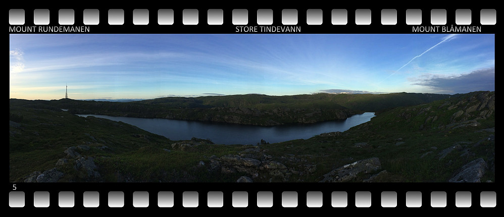 Image 5: The lake "Store Tindevann" [i.e. "Great Mountain Lake"] as seen from Blåmanen, not far from the "northern peak" of the mountain. Mount Rundemanen with its antenna is seen in the distance.