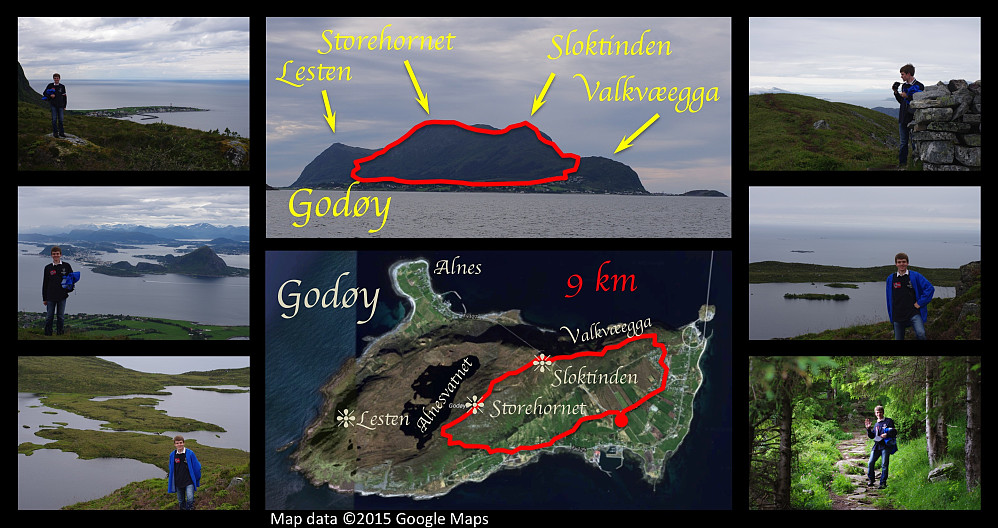Lower central image: My GPS/Endomondo tracking of this hike superimposed on a Google Earth image. Upper central image: A manually reconstructed track superimposed on a photo of Godøy that I captured a few days earlier. Upper left thumbnail image: My cousin Alexander on the mountain edge called Valkvæegga, with the promontory of Alnes in the background. Upper right thumbnail: On the summit of Storhornet. Middle left image: View towards the town of Ålesund. Middle right and lower left images: View towards Lake Alnesvatnet. Lower right thumbnail: Descending towards Gjuv.