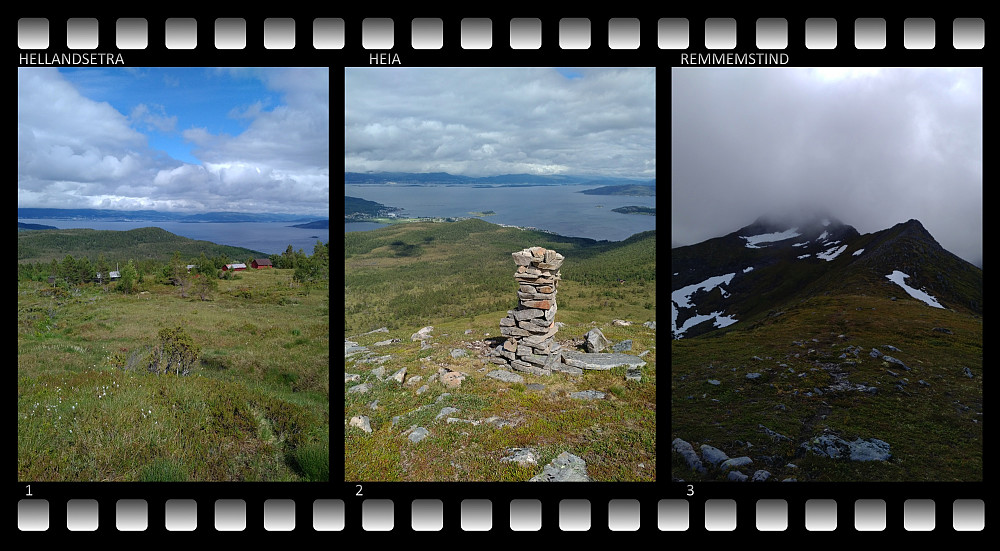 Bilde 1: Hellandsetra. Remmemsetra ligger rett nedenfor, men der er det ikke mer enn én enkelt seterstøl igjen. Bilde 2: Varden på Heia, ca. 700 m.o.h. Bilde 3: Nordøstryggen oppover mot toppen av Remmemstind.