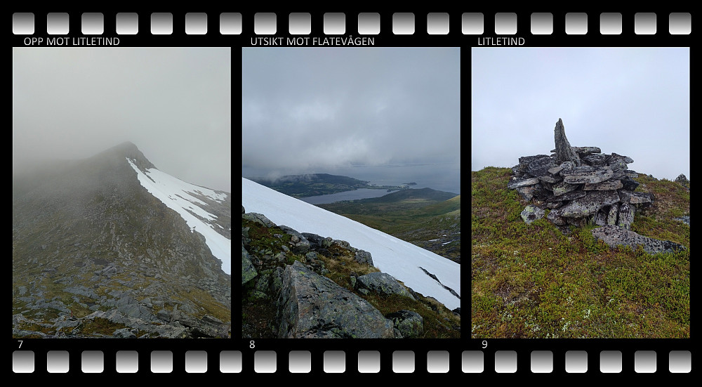 Bilde 7: Oppstigningen mot "Litletind". Bilde 8: Utsikt mot Flatevågen. Det ligger fremdeles noe snø igjen på lesida av Ytstetind. Bilde 9: Det står en slags enkel "varde" akkurat på Litletind.