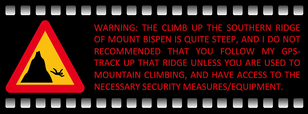 Warning: The south ridge leading up to the summit of mount Bispen is very steep, even if you select the correct path up along the ridge. The track along the ridge is not very well marked, and on this hike I actually missed the correct route, and climbed on the west side of the edge of the ridge, in stead of slightly on the east side of the edge of the ridge. Part of the track that I followed, therefore, is even steeper than the regular route up the south ridge of the mountain; the danger of falling is more imminent, and I therefore find it appropriate to include this warning.