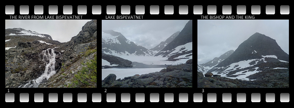 Image 1: The little river emerging from Lake Bispevatnet. Image 2: Lake Bispevatnet, still largely covered by ice and snow at this time of the year. Image 3: Mount Bispen [i.e. "The Bishop"] with Mount Kongen [i.e. "The King"] behind it. The additional "horn" seen on the west side of Mount Kongen is called Kongskneet [i.e. "The Knee of the King"].