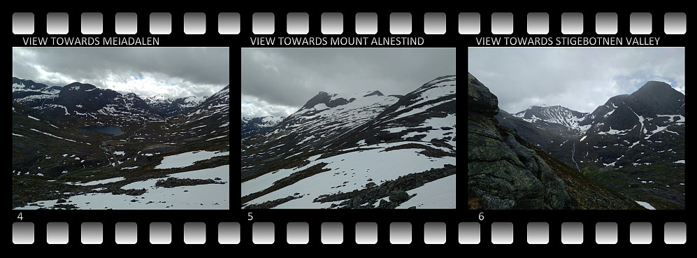 Image 4: As I started climbing from Lake Bispevatnet up the southern ridge of Mount Bispen, the view was nice. Here is seen the valley Meiadalen with Lake Alnesvatnet. Image 5: View towards Mount Alnestind. It's still possible to ascend that mountain on ski at this time of the year, if you're willing to carry the skies for half a kilometer or so. Image 6: View towards the valley Stigebotnen. That's the direction in which you need to go if you want to visit the peaks flanking Trollveggen [i.e. "The Troll Wall"], a mountain massif with a vertical rock face of more than 1000 meters.
