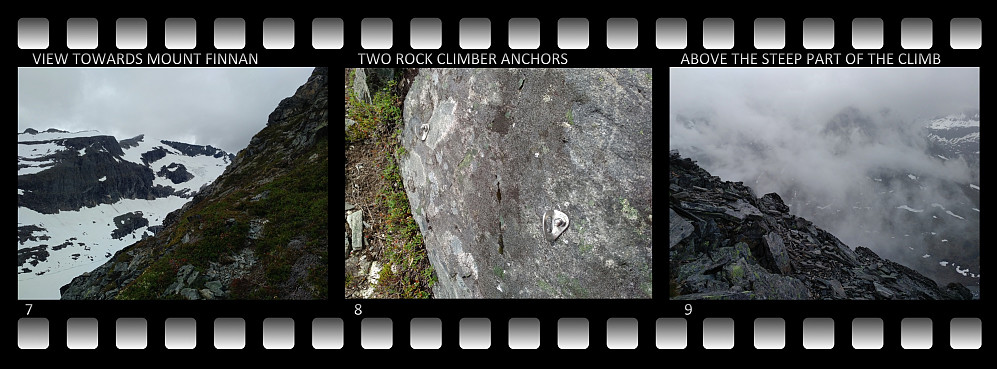 Image 7: View towards Mount Finnan with its glacier Finnanbreen. The image also gives an idea how steep the climb up mount Bispen actually is. Image 8: During my climb up mount Bispen I encountered these two anchors that were secured in the rock. Rock climbers use the vertical rock face beneath this spot for training. Image 9: At this spot I'm above the steepest part of the climb up the "Bishop".