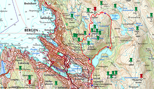 Kart med Endomondo-tracking som viser hvordan den "vanlige" løpeturen min over Rundemanen unngår samtlige PBE'er både på Rundemanen, på Blåmanen og på Fløyen.