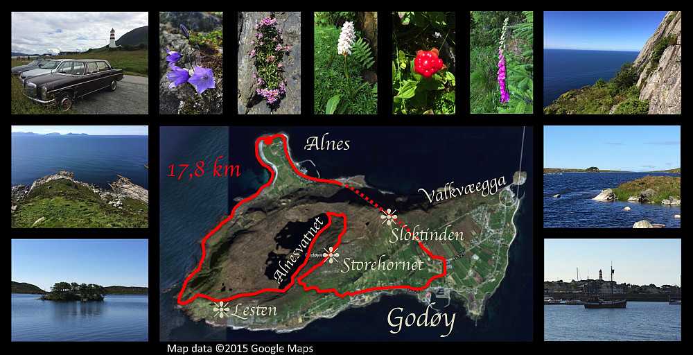 A hike exploring some of the more "inaxessible" parts of Godøy Island. The climb from the westernmost promontory of the Island up to Mount Lesten is rather steep, and the hike along the east coast of Lake Alnesvatnet is rather difficult due to large stones and because there's no real path or track to go on. Left upper image: I parked my car close to the lighthouse on the promontory of Alnes. Upper center images: Some of the flora of the island. Upper right image: Photo giving an idea of how steep the climb from the western aspect of the island up to Mount Lesten actually is. Middle left image: Looking back down the track that I've been climbing. Middle right and lower left images: Lake Alnesvatnet at about 250 m.a.m.s.l., with some of its many tiny islets. Lower right image: The harbor at the promontory of Alnes. Central image: The GPS track of the day's hike.