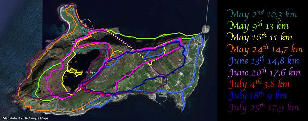 It's a bit cool to lay the GPS-tracks of all my hikes on Godøy Island upon the same satellite image. There doesn't seem to be many places left where I haven't been on this island...