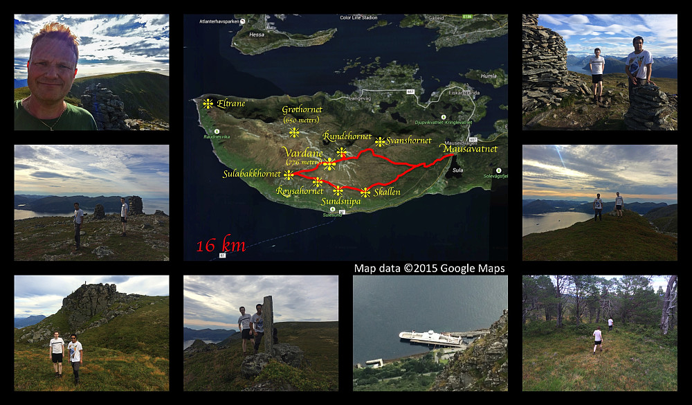Left upper image: On the peak called Rundehornet [i.e. "The Round Horn". Right upper image: On the peak called Vardane or Tverrfjellet. Middle left image: Descending towards Sulabakkhornet. Middle right image: On Sulabakkhornet with view towards Hareid. Lower left images: Returning to our car along the southern edge of the mountain. 3rd lower image: Looking down at the ferry pier at Sulesund. Lower right image: Struggling through the forest without any track to follow. Center image: My GPS track from the trip, though I didn't remember to turn on the Endomondo app on my phone until after we had passed the cabin calle Rollonhytta, hence the first few kilometers of the track on this image has been based on previous hikes that I've done on this mountain.