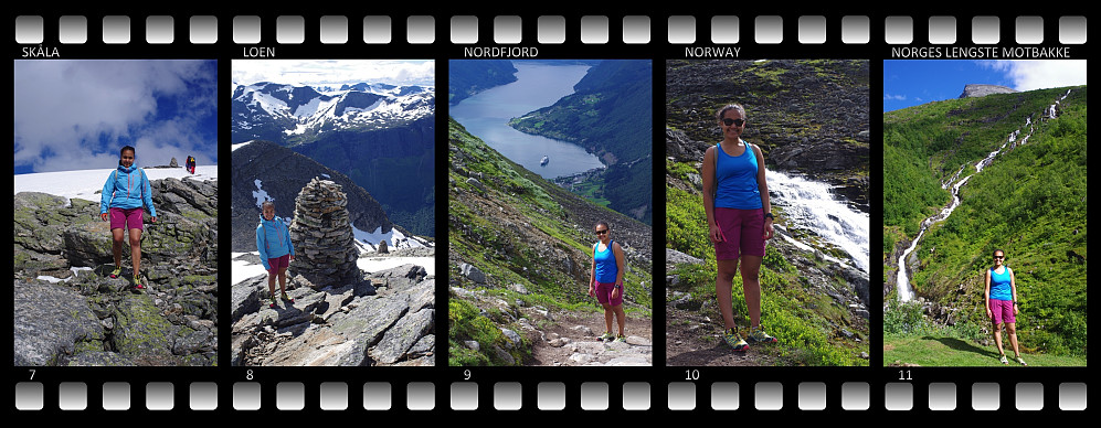 Bilder fra turen ned igjen. 7 og 8) Det øverste partiet av traséen opp mot Skålatårnet er merket med varder. 9) Utsikt mot Loen og indre Nordfjord. 10 og 11) Fossefall i Skålaelva