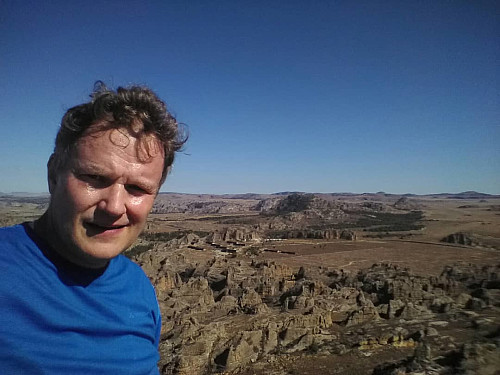 On the summit of the mountain. The Isalo Rock Lodge is seen in the background. The rock formations in this area are just amazing.