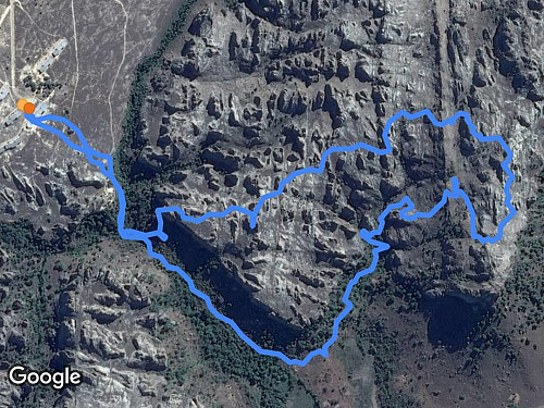 The GPS-track of this climb superimposed on a Google Maps satellite image. The upper line is the climb, and lower is the descent.