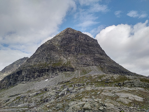 Image #2: Mount Bispen as seen from the south side. Mount Kongen is barely visible behind it. The south face of Mount Bispen is quite steep, but possible to climb.