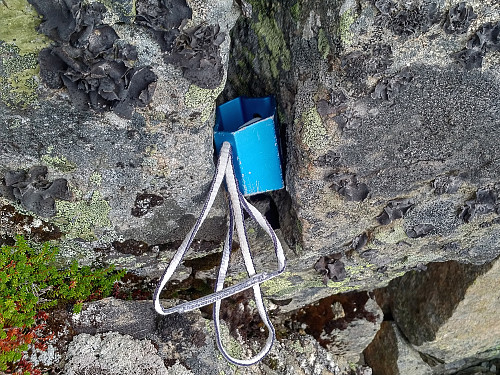 Image #6: A climber's torque nut left by someone in a rock fissure; probably used to make the climb up the south face more secure. On my previous climb up this ridge, I encountered two climber's anchores that were secured into the rock of the mountain, see photo in tour description from June 23rd.