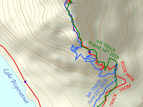 Image #7: Comparing my track up the south ridge of "The Bishop" on this occasion (green line) with that of June 23rd (blue line). This time I somehow managed to stay closer to the path outlined by others here on Peakbook. And yes, the climb was perhaps a little bit easier, but not very much so.