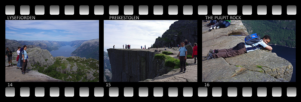 Image #14: View towards Lysebotn, in the eastern end of the fjord Lysefjorden. Image #15: At the Pulpit Rock. Image #16: Lying down on the Pulpit Rock, so as to admire the vertical view that you get (see images #17 and #18).