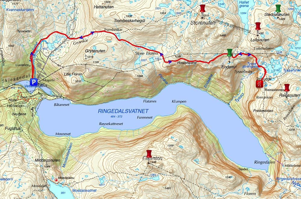 Image #1: Due to limited battery capacity on my mobile phone back then, I didn't track this particular hike, which is quite long, i.e. about 10 km in each direction. This gps track, however, which I've borrowed from someone else, shows the route that we were using. I have deliberately presented the Troll's Tongue as a viewpoint, and not as a peak on this map, as it is my sincere opinion that this is the correct representation, though it is represented as a "green peak" here on Peakbook.