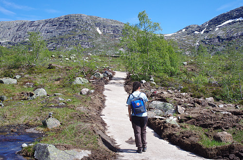 Image #5: The track towards The Troll's Tongue. The route goes through the pass between Mount Hettanuten (1304 m.a.m.s.l.) to the left and Mount Grytenuten (1219 m.a.m.s.l) to the right.