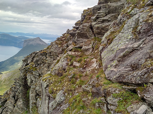 Et nokså bratt parti av traversen mellom Kongen og Dronninga. Opp denne stien, og rundt kanten på fjellryggen skal vi...