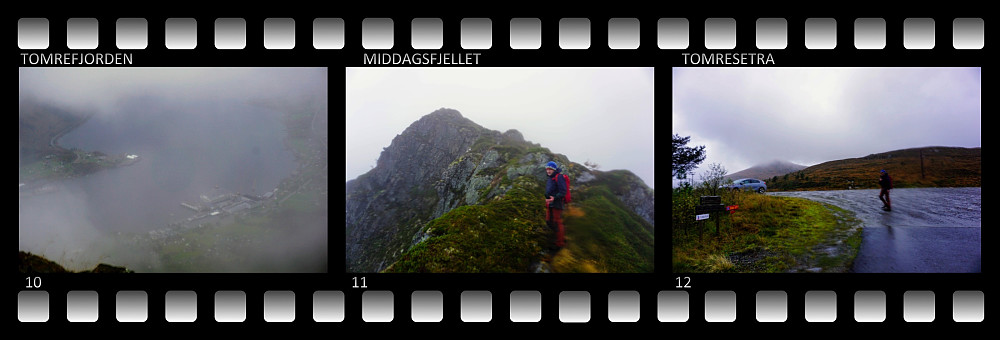 #10: Utsikt mot Tomrefjorden gjennom skydekket. #11: På vei opp på Middagsfjellet. #12: Endelig nede ved Tomresætra, hvor vi hadde den ene bilen stående.