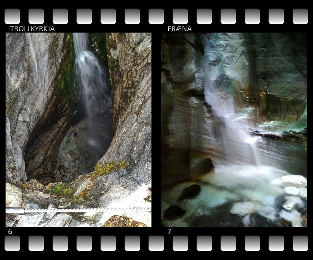 #6: Bekken som renner gjennom grottene stuper ned fra grotte nummer 2 og inn gjennom åpningen i taket på grotte nummer 1. #7: Fjellvegg av lys marmor i "altertavla" i grotte nummer to. Også her slipper dagslyset inn gjennom en åpning i "taket".