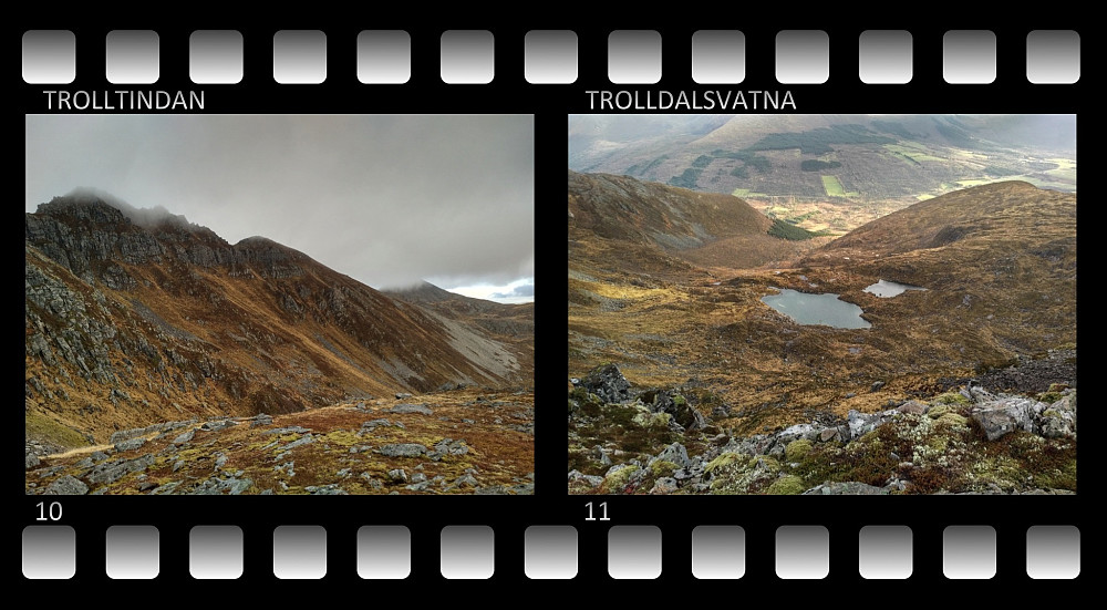 #10: Trolltindan og Stordalstinden i fjellkjeden bak Trollkyrkja. Blåfjellet er toppen som stikker opp i skydekket i bakgrunnen. #11: Trolldalsvatna sett fra oppe i høyden. Det største av disse to vannene er uten utløp på overflaten.