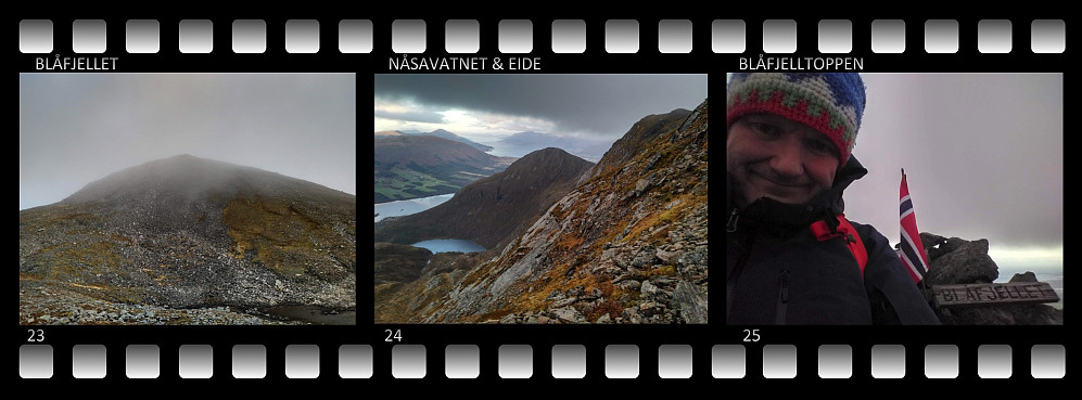 #23: Blåfjellet fra skaret mellom Stordalstinden og Blåfjellet. #24: Utsikt mot Nåsavatnet og Eide. Til høyre i bildet sees Snipa og delvis Hældalstinden. #25: På toppen av Blåfjellet, hvor noen hadde satt igjen et norsk flagg.