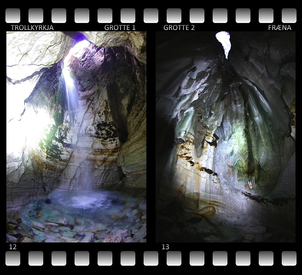 #12: "Lagunen", det store "kirkekammeret" innerst i den nederste grotta. #13: Veggen "Altertavla" i den midterste grotta.