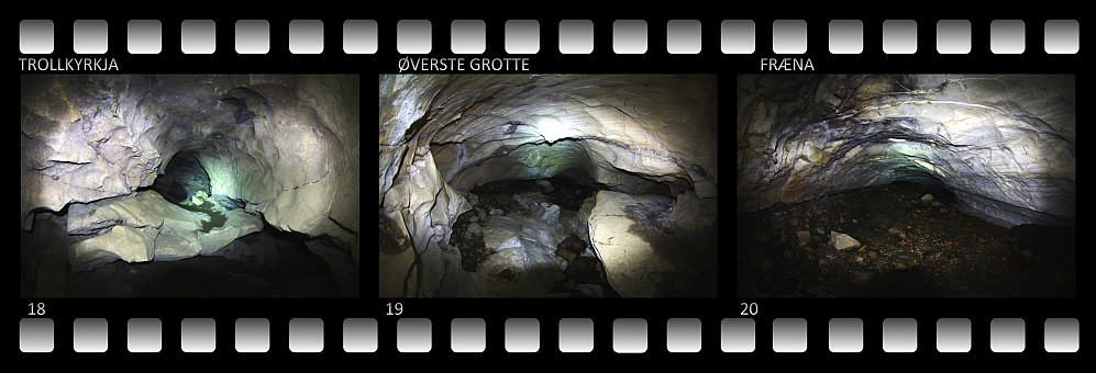 #15: Nedgangen til den øverste grotta. #16: Det er mange steder lavt under taket i den øverste grotta. #17: Et tau som noen har lagt ut, antagelig for å være sikre på å finne tilbake til utgangen. #18: Den øverste grotta har et nettverk av små ganger, omtrent som en labyrint. #19 Vakker hvit marmor i den øverste grotta. #20 Bekken som renner nedover mot den midterste grotta.