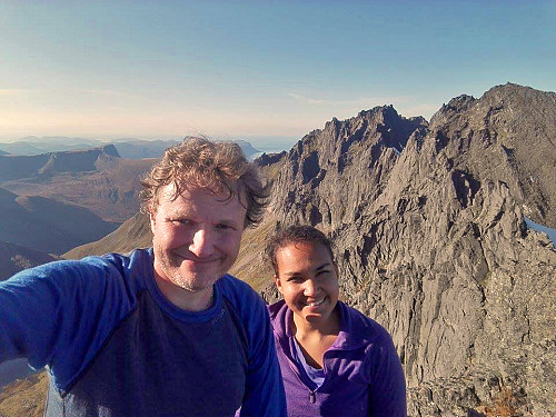 #4: With my daughter on the summit of Mohn's Peak. Rander's Peak (to the right) and Mount Jønshornet are seen behind us.