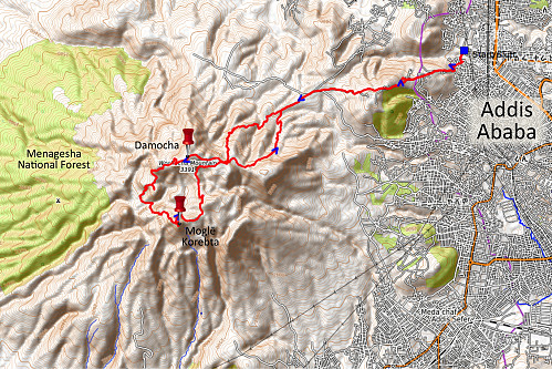 #24: My actual trek up to Damocha, around the Wochecha crater, onto Mount Moglē, and then back to Addis. The GPS track outlines the circumscription of the Wochecha crater, as well as the climb up to the mountain and then back down to Addis Ababa. In the left part of this map is seen the Menagesha National Forest, which is a popular tourist destination, though one that I didn't visit on this occasion.