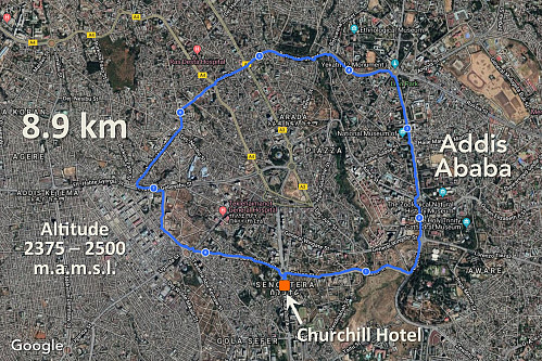 #2: Out running in Addis Ababa in early morning for altitude acclimatization; our GPS track of our run on November 17th. The route reaches an elevation of 2500 m.a.m.s.l. at its highest point.