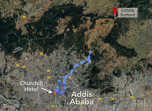 #8: GPS track from my run towards the top of Entoto on November 1st, i.e. 2 1/2 weeks prior to the trek with my daughter. The dotted line is the remaining road up to the summit. I turned back about halfway on this occasion, as I wanted to get back to the hotel before it turned dark. The run, however, enabled me to get aquatinted with the road up to Entoto.