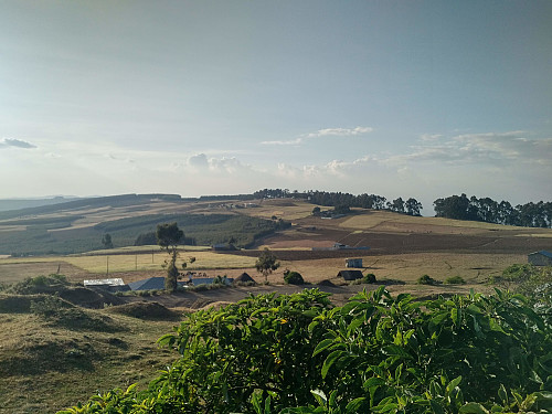 #16: View towards the west, also captured just a few hundred yards from the Entoto summit. The road by which we ascended the mountain, as well as the Entoto Observatory and Research Center may be spotted on the hilltop in the middle of the picture.