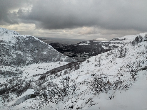 View towards the village of Søvika as we were climbing towards the top of Mount Storhornet. To the left is seen part of Mount Litlehornet.
