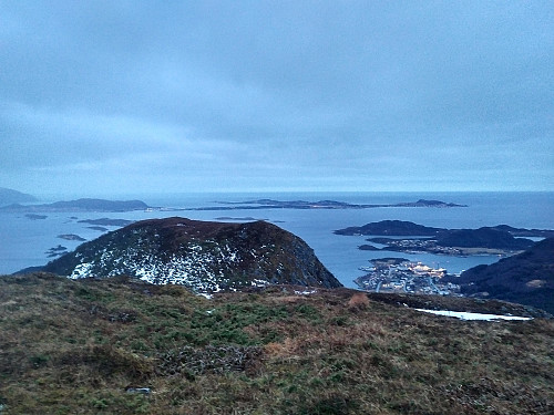 #3: View from Mount Litlehornet towards Mount Uggedalshornet and the village of Søvika.
