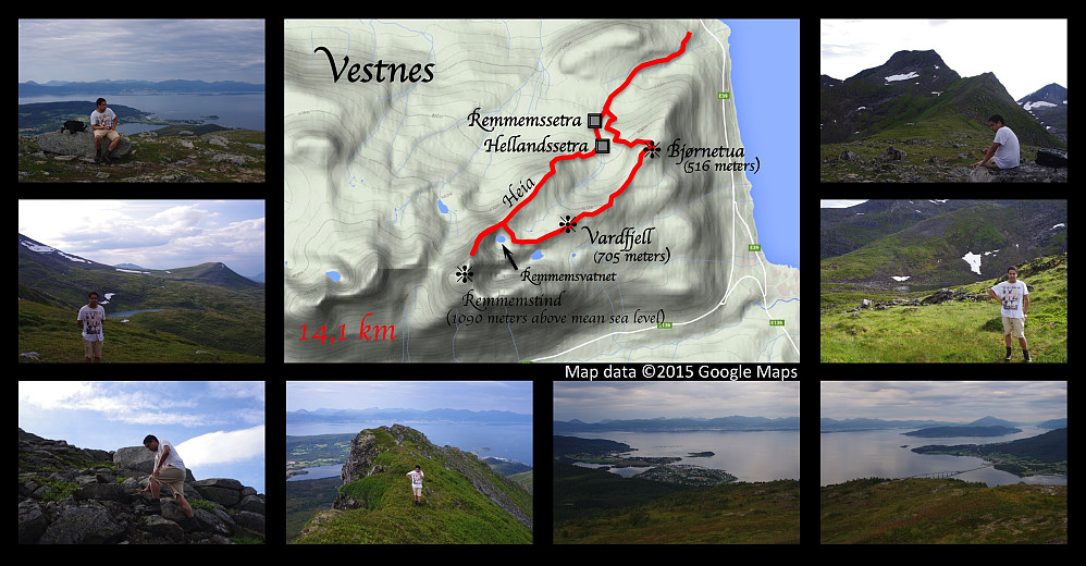 Pictures and Google Map with our GPS track from this trip. We did climb up the northeast ridge of Mount Remmemstind, until we got to a place where it got a little bit steeper than we were comfortable with at the time. [Since then, however, we have both climbed up to the summit of Mount Remmemstind several times from this side]. On our way back down to the car, we chose a different trail, allowing us to visit the smaller peaks of Vardfjell (705 meters) and Bjørnetua (516 meters), both of them just green PBE's, though.