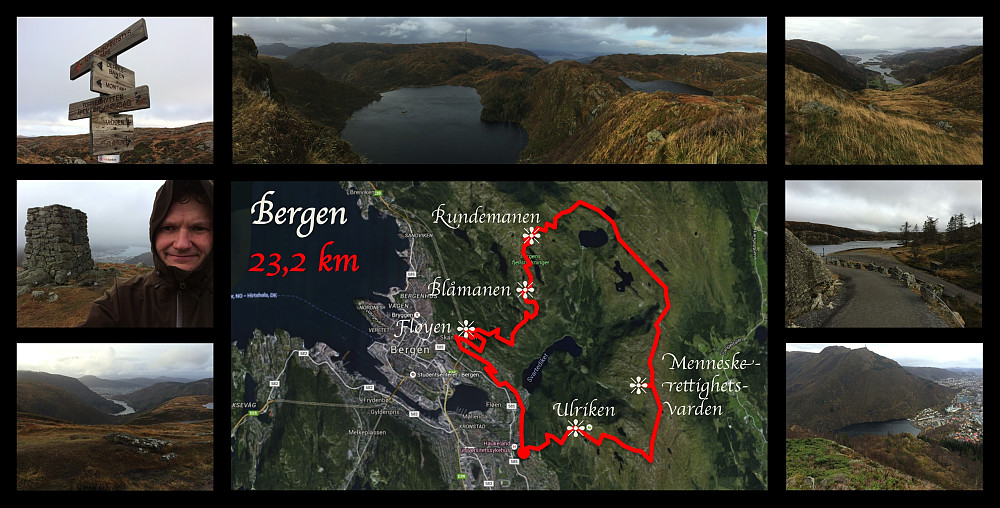 GPS tracking and various photos from my round trip over the "city mountains" of Bergen, Norway.